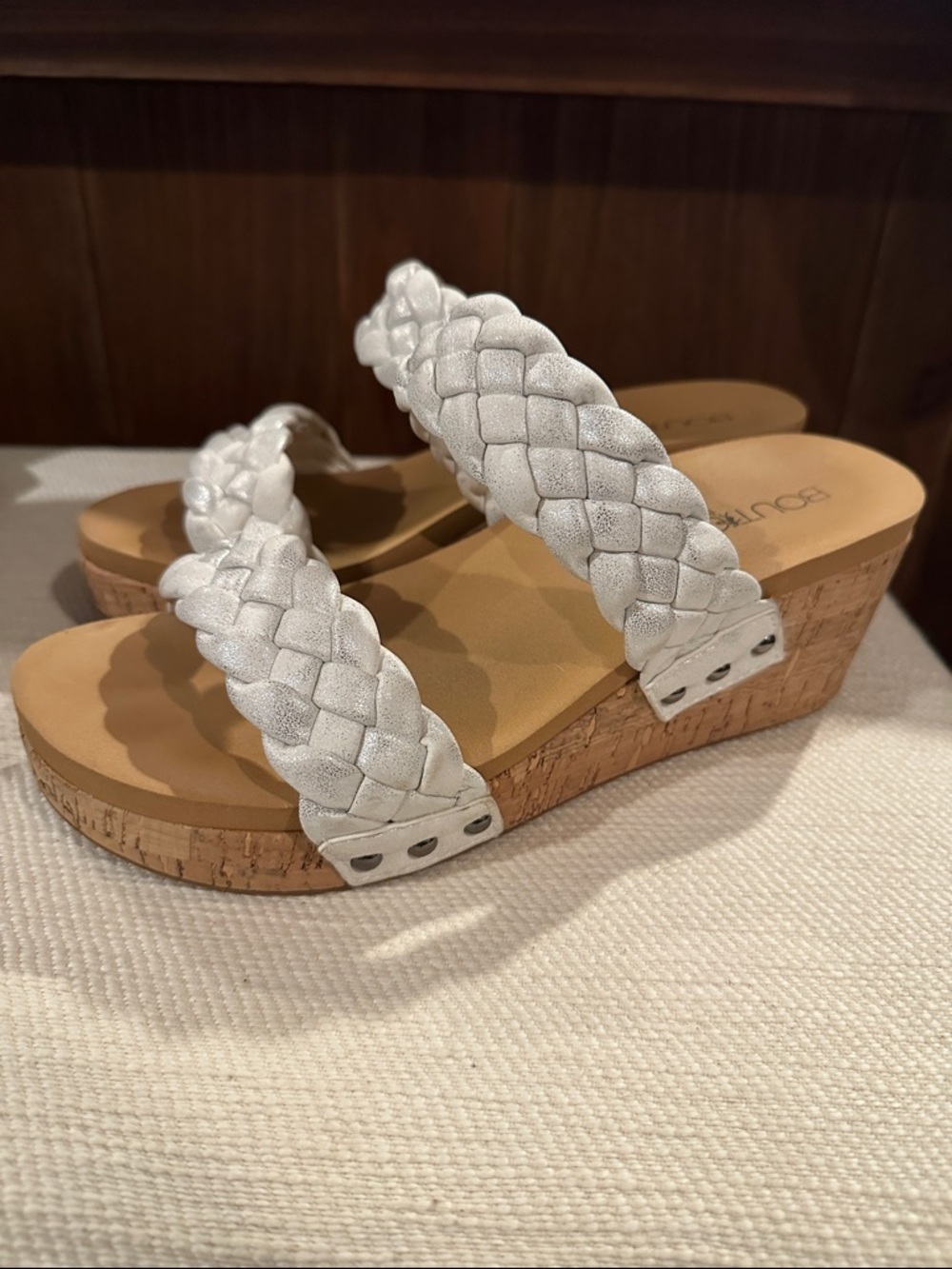 b.o.c. White Braided Double-Strap Cork Wedges